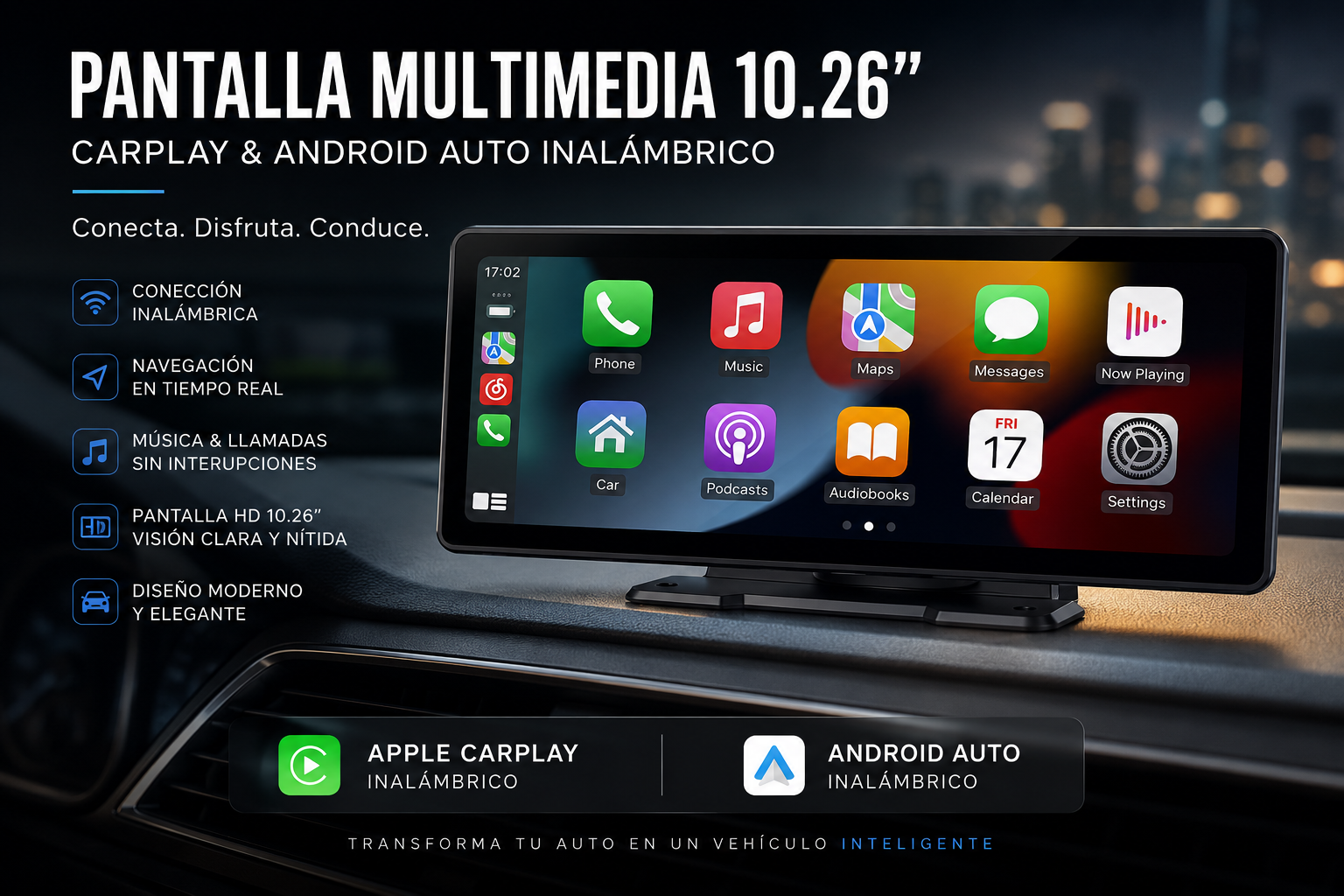Pantalla Multimedia 10.26” para Auto – CarPlay & Android Auto Inalámbrico