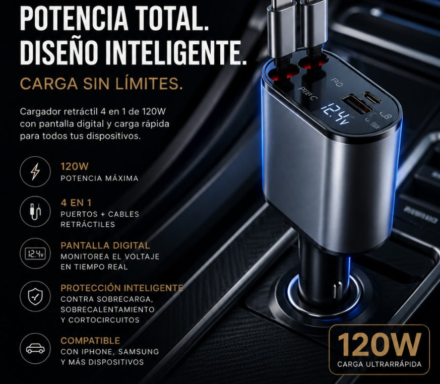 Cargador Retráctil 120W para Auto – FastCharge Pro