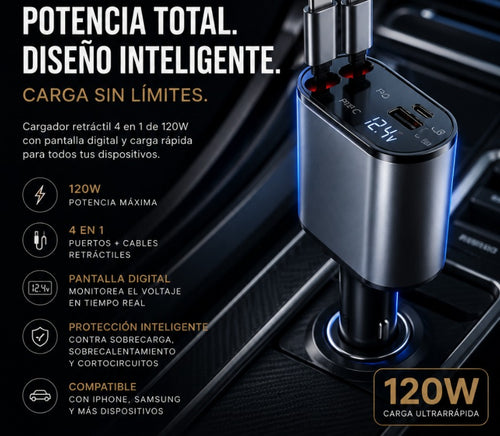 Cargador Retráctil 120W para Auto – FastCharge Pro